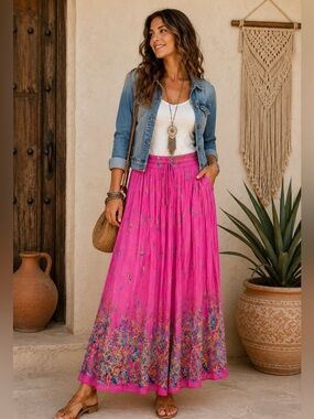 IK Collections Women’s Boho Chic Pink Floral Hummingbird Maxi Skirt